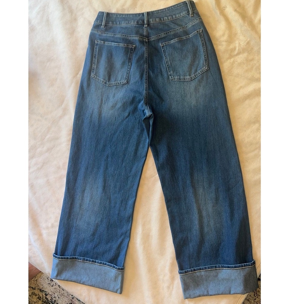 Halara Flex Denim Wide Leg Cuffed Jeans Medium Wash Blue High Waisted Size M - Picture 2 of 5